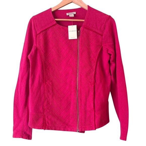 Lucky Brand Sweaters - NWT Lucky Brand Pink Embroidered Distressed Zip Blazer Jacket Sz L